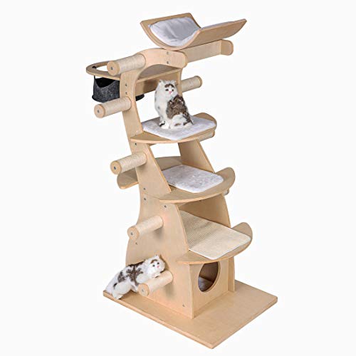 Good Life 63" Modern Design Cat Tree House with Scratching Post Tower - Deluxe Solid Wood Indoor Furniture - 6 Floors Kitty Condo Climbing Play Center with Hammock Perch Cave and Ten Sisal Columns