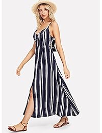 Milumia - Vestido de mujer con cuello en V y espalda con nudo, correa de espagueti a rayas