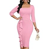 MarryUP Womens Work Dresses Elegant Square Neck 3/4 Sleeve High Waist Bodycon Ruffle Vintage Church Pencil Midi Dress