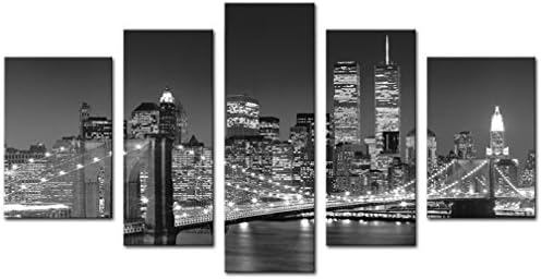 5 Panels Canvas Wall Art Black and White New York City Picture Printed on Canvas Artwork for Living Room Home Decor Stretched and Framed Ready to Hang (New York Brooklyn Bridge(small size)
