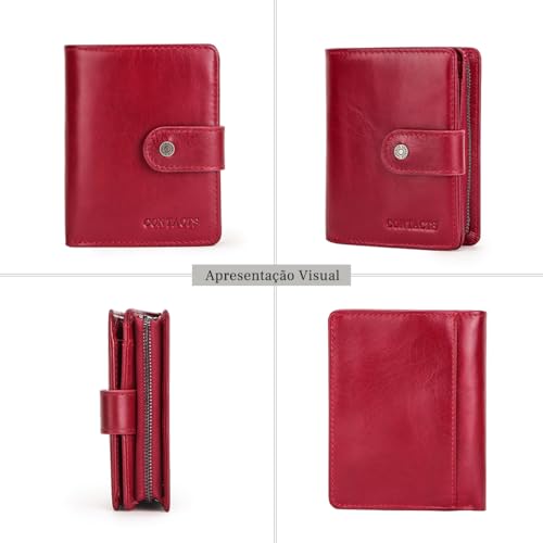 CONTACTS Carteira de Couro Legítimo Feminina com Porta-Cartões (11 Slots), Porta-Foto, Porta-Moedas, Compartimento para Cédulas e Recibos, Leve e Proteção RFID – Cor Vermelho