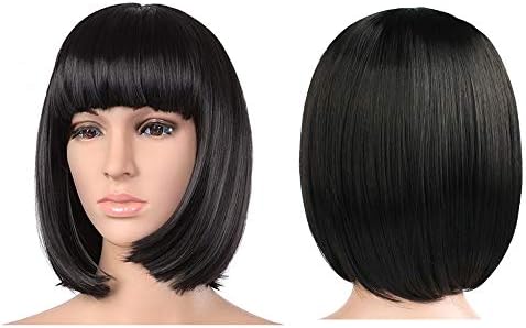 Ladies Wigs,Women Short Bob Hair Wigs, Short Straight Bangs Bob Style Hair Wigs Heat-resistant Synthetic Wigs with Fringe Halloween Costume Cosplay Fancy Dress Pop Disco Party Wigs (black)
