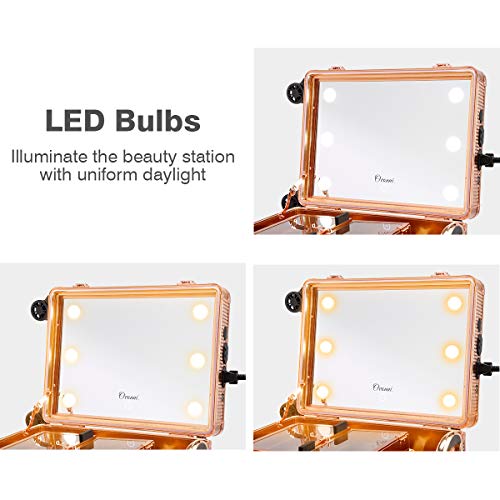 Ovonni Makeup Train Case with Bluetooth Speaker, Free Standing Portable Makeup Station with Lighted Mirror, Cosmetic Organizer Box for Makeup Storage, Rolling Artists Travel Studio for Women - Thumbnail 2