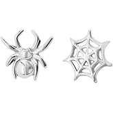 Cute Tiny Spider Web Asymmetry Stud Earrings for Women Men Punk Animal Spider Cartilage Pierced Sterling Silver Post Earrings Halloween Party Costume Accessories Jewelry Birthday Xmas Gifts