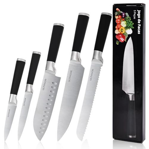 ULTVIGOR Conjunto de Facas 5 Peças, 4CR13 Aço Inoxidável Afiado e Durável, Cabo antiderrapante, Corte Preciso para Cozinhas Domésticas, Inclui Faca de Chef, Santoku, Preto