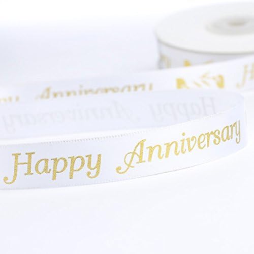 75 Yards of Gold Script Happy Anniversary White Satin Ribbon for Favors, Crafting and Embellishing