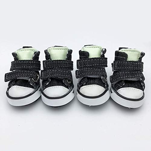 PetFavorites Pet Dog Puppy Running Shoes Outdoor Boots Nonslip Booties Canvas Sneaker for Small to Large Dogs Teacup Chihuahua Yorkie with Velcro and Glow in The Dark, Black, Pack of 4.