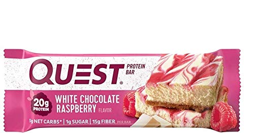QUEST NUTRITION WHITE CHOCOLATE RASPBERRY PROTEIN BARS, 20G PROTEIN, 1G SUGAR, 5G NET CARB, HIGH FIBER, GLUTEN FREE, KETO FRIENDLY, 12 COUNT