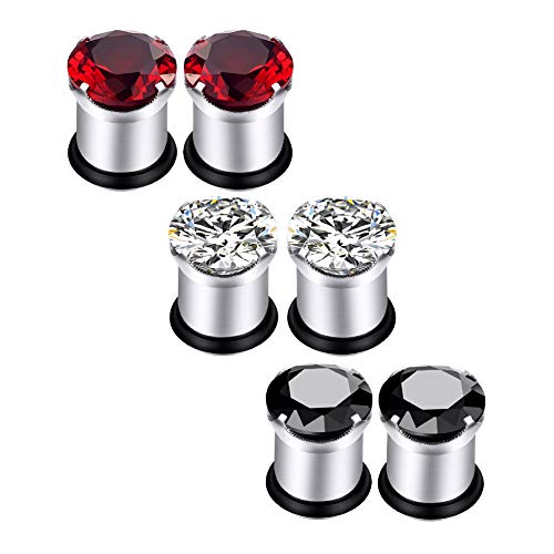 Longbeauty 2Pcs Single Flare Stainless Steel Red Zircon CZ Ear Tunnels Expander Plugs Gauges Stretcher with O-Ring
