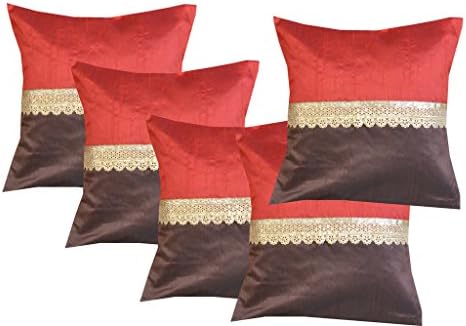 Vireo- Plain red and Brown Colour with Golden Less- Throw Pillow/Cushion Covers Set 16x16 inchs Set of 5 pcs