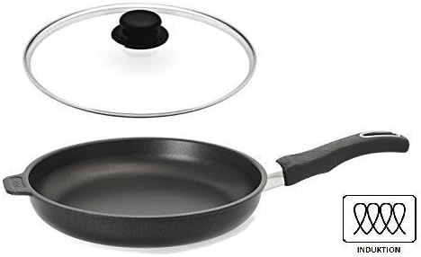 Gundel Cast Iron Frying Pan with Glass Lid and Induction Diameter 32 cm/Height 5 cm Flat Lid Knob (Entlüftbar) Biotoan Surface Battery Therm Base