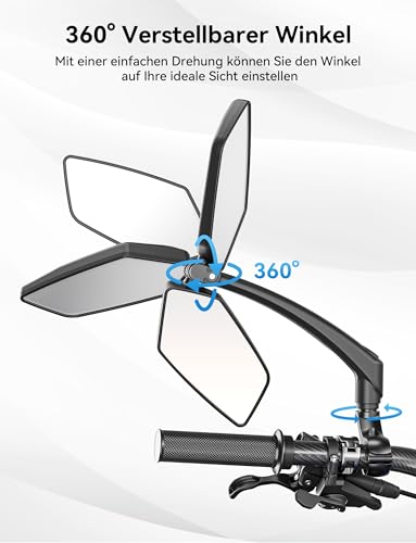 Bicycle Mirror for E-Bike Left, 360° Foldable & Rotatable Bicycle Rear View Mirror, Bicycle Mirror Left for Ebikes with Large Mirror Surface, Long Arm and Impact-resistant Real Glass, E Scooter