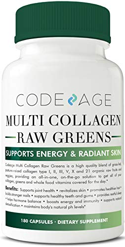 Multi-Collagen Pills + Raw Greens Superfood - 180 Count - Grass-Fed Collagen Type I, II, III, V, X and 21+ Organic Whole Foods (Celery Seed Extract, Spirulina, Chlorella, Broccoli) All-in-One