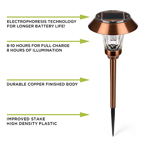 Copper Metal Solar Path Lights, Set of 4 Pathway Landscape Lighting, Warm White LEDs, Rechargeable, Waterproof