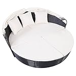 Tangkula Outdoor Patio Sofa Furniture Round Retractable Canopy Daybed Black Wicker Rattan