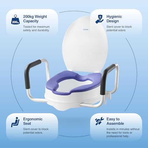 ANNWA Adult Toilet Booster Seat with Armrests and Lid, Raised Toilet Seat 10 cm, Adult Toilet Booster Seat with Padded Handles, 200 kg Load, Post Surgery Toilet (N1FYT16)