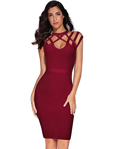 Meilun Womens Rayon Hight Neck Cut Out Bandage Bodycon Dress, Large, Red