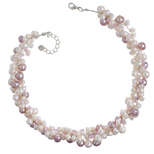 Chuvora Genuine Pink Cultured Fresh Water Pearl with Crystal 3-Strand Silk...