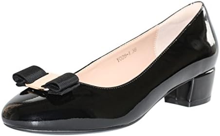 JARO VEGA Women's Glossy Patent Leather Low Chunky Heel With Bow Dress Pumps Shoes Black Size 7.5