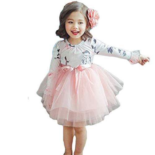 yongy Tutu Princess Casual Dress Printed Puff Long Sleeves for Baby Girl (Pink, 3-4Y)