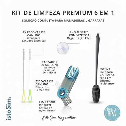 Kit de Limpeza Completa IstoSim – Escova 3 em 1 Multiuso + Escova de Silicone 360° + 2 Escovas para Canudos + 2 Ganchos Ventosa