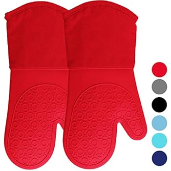 Silicone Oven Mitts with Quilted Cotton Lining - Professional Heat Resistant Potholder Kitchen Gloves - 1 Pair (Red) - Homwe