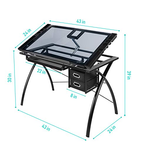 BAHOM Adjustable Drafting Table Glass Top, Art Drawing Craft Desk with 2 Drawers, Perfect for Artwork and Design, Black