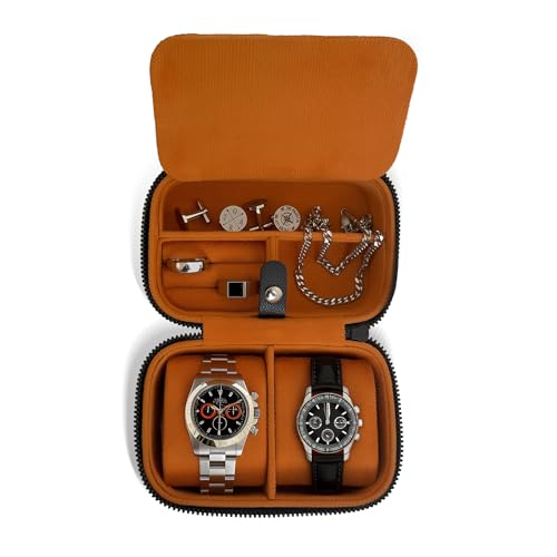 Galis Luxury Watch Travel Case for Men High End Portable 2-Slot Watch Holder and Watch Case, Premium Watch Box for Men, Jewelry Storage Organizer, Gift for Him, Fathers, Husband (Black & Orange)