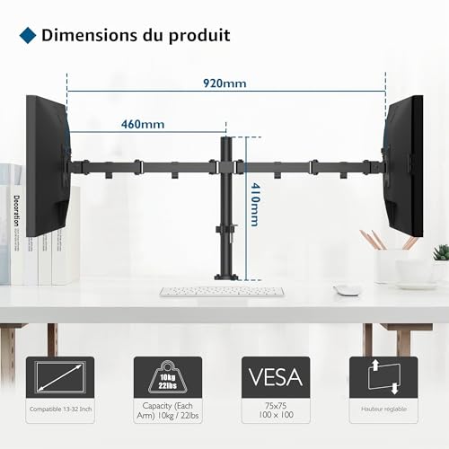 BONTEC 2 Screen PC Monitor Stand for 13-32 Inch Monitors, Height Adjustable PC Monitor Arm, Rotatable and Swivel, Tilt, Maximum Load of 10 kg per arm, 2 Mounting Options, VESA 75/100