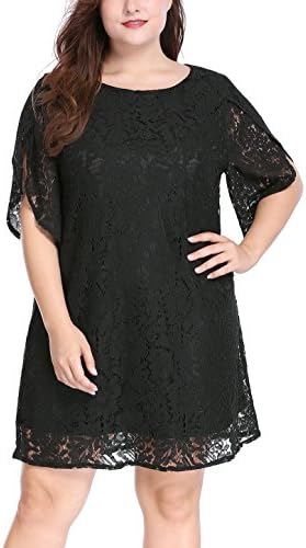 uxcell Women Plus Size Dresses Tulip Sleeves Hollow Floral Lace Shift Dress