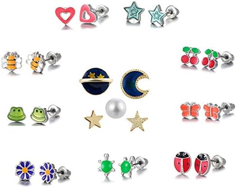 Dolovely 23PCS Cute Animals Hypoallergenic Stud Earrings Set Moon Star Pearl Piercing Earrings Pack for Girls Kids
