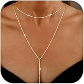 Yowivon Gold Necklace for Women, Dainty Long Necklace 14k Gold Plated Y-Shaped Layered Pendant Beaded Chain Drop Necklaces Trendy Simple Gold Jewelry for Women Set Gifts