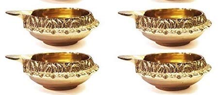SATVIK 4 Pc Kuber Diya for Diwali Decoration. Handmade Oil Lamp Golden Engraved Made of Virgin Brass Metal Vilakku for Puja Pooja Traditional Indian Deepawali Housewarming Return Gift Items Bulk