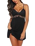 Women Lace Lingerie Sleepwear Chemises V-Neck Full Slip Babydoll Nightgown Dress Black L
