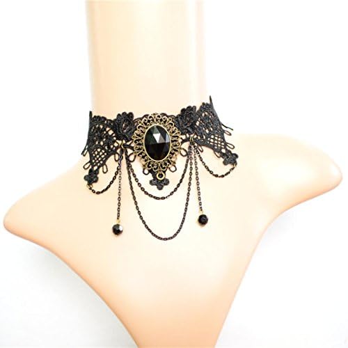 Lvxuan Fashion Europe Women Party Dress Wedding Vintage Gothic Elegant Hollow Lace Flower Jewelry Black Crystal Pendant Tassel Collar Choker Necklace