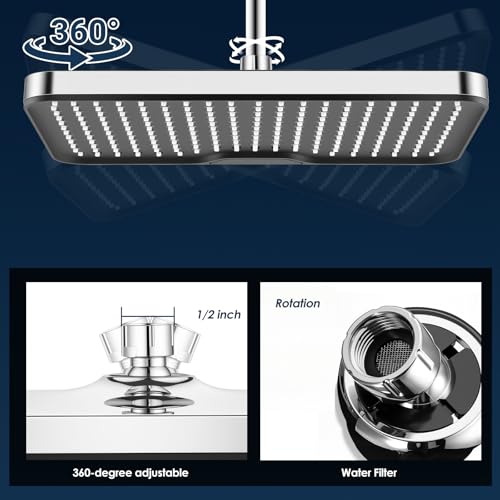 Ronvie 12 Inch Large High Pressure Water-Saving Square Rain Shower Head, Chrome Fixed Overhead Ceiling Showerhead with Adjustable Ball Joint G1/2” Universal Fitting Bathroom Easy Installation