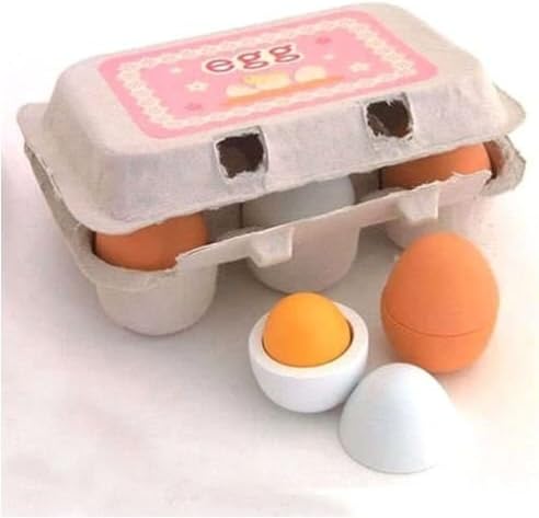 jigang 6pcs Wooden Eggs Yolk In Carton Box Pre-school Educational Interesting Kitchen Pretend Play Food Toy For Children Kids, Play To Learn Hide