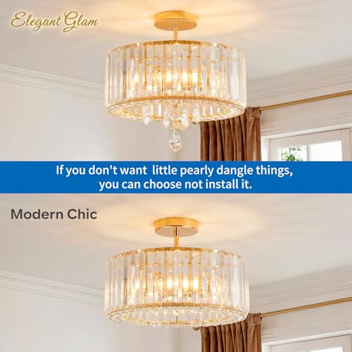 ANWIO Crystal Ceiling Light, Bedroom Glass Ceiling Lamp with 3 E27 Base, Larger Size Gold Modern Pendant Lamp, Ceiling Lights for Living Room, Kitchen, Dining Rooms (37 cm, Without Bulb)