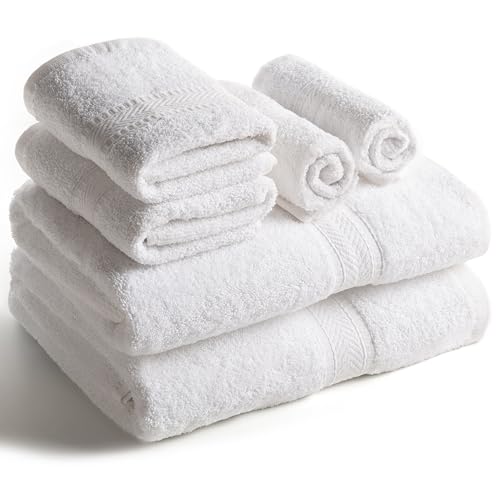 Sweet Needle Set of 6 Towels - 2 Bath Towels, 2 Hand Towels and 2 Washcloths Cotton Daily Use, Hotel Quality, Soft, Highly Absorbent, Quick Dry, Lightweight (White)