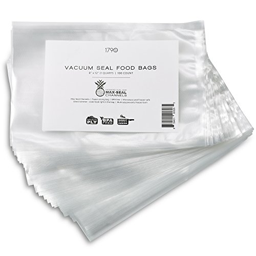 BPA Free Food Storage Bags for Vacuum Sealer - Cross Cut Sealing - Heavy Duty & Airtight - Keeps Food Fresh 5 times longer - Presealed on 3 sides - Freezer Cook In Bag - 1 Pack of 100 Bags (8