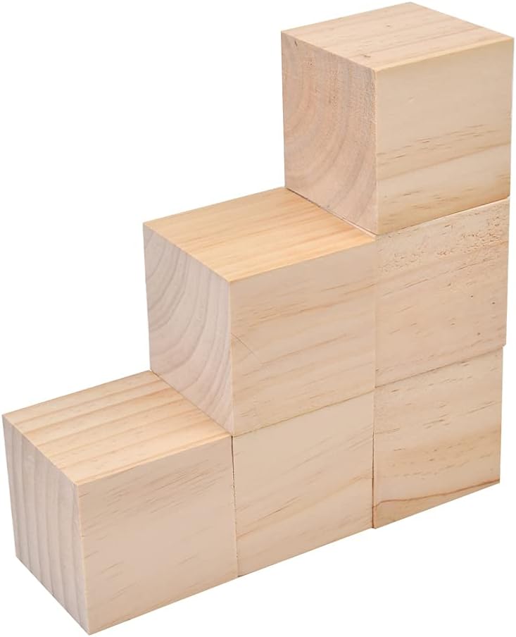 3 Inch Wooden Cubes, 6-Pack Unfinished Wood Blocks for Wood Crafts, Small Wooden Cubes, Wood Square Blocks, Great for Baby Showers, Puzzle Making, Crafts, and DIY Projects