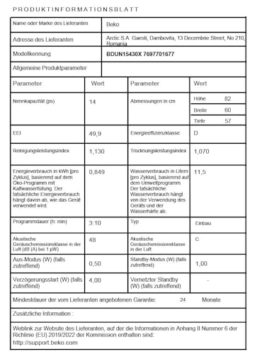 Beko BDUN15430X b300 Unterbau-Geschirrspüler 60 cm, für 14 Maßgedecke, 3 Spülebenen, 4 Temperaturen, 5 Programme, halbe Beladung, automatische Türöffnung, Quick&Clean 10