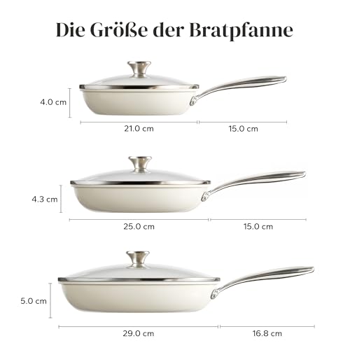 Redchef Ceramic Induction Pan Set, 6 Pieces, Non-Stick Frying Pans 20 24 28 cm with Lid for All Types of Cookers, Stainless Steel Handle, PTFE-Free, PFAS Free, PFOA-Free, Oven-Safe, Dishwasher Safe (Beige)