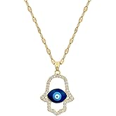 Dtja Boho Gold Evil Eye Hamsa Hand Pendant Necklace for Women 14K Gold Plated Adjustable CZ Crystal Blue Eyes Charms Choker Chain Necklace Dainty Protection Birthday Anniversary Jewelry Gift 18"