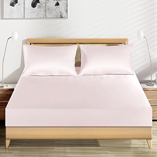LUXUER - Silk Fitted Sheet/ Mattress Cover/Protector 1PC Machine Washable Handmade 100% Pure Mulberry Silk for All Seasons 16'' Deep Queen Size, Pink