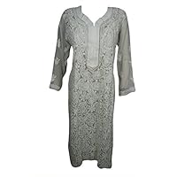 Mogul Interior Women's Tunic Dress Caftan Floral Hand Embroidered Georgette Kurta S/M