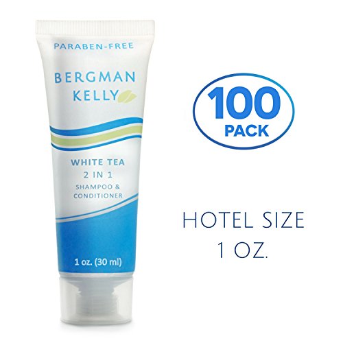 BERGMAN KELLY Travel Size Shampoo & Conditioner 2 in 1 (1 Fl Oz, 100 PK, White Tea), Delight Your Guests with Revitalizing and Refreshing Shampoo Amenities, Quality Small Size Hotel Toiletries in Bulk