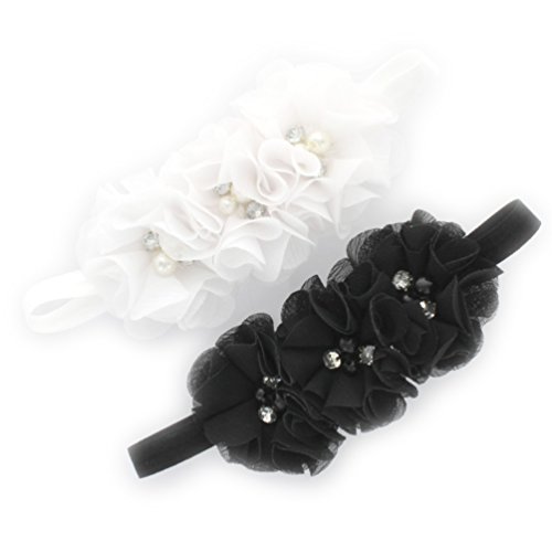 My Lello Infant Baby Flower Headbands Chiffon Fabric Beaded Trio 2-Pack (White/Black)
