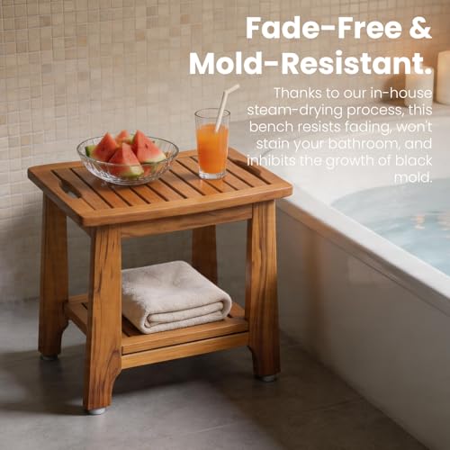 18" Standard Teak Shower Bench with Shelf & Handle - Waterproof, Non-Slip Bath Stool, 300 lbs Capacity - Fits Standard Tubs/Showers & Outdoor Use (Patented)