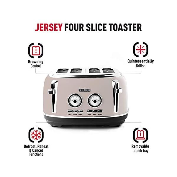 Haden-Jersey-Toaster--Retro-Electric-Stainless-Steel-Toaster-Four-Slice-Putty-CD24 Haden Jersey Toaster – Retro Electric Stainless-Steel Toaster with Reheat and Defrost Functions – 1370-1630W, 220-240V…